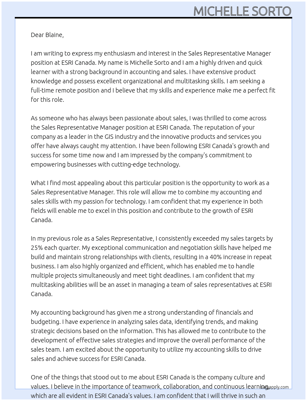 Sales representative At ESRI Canada Cover Letter