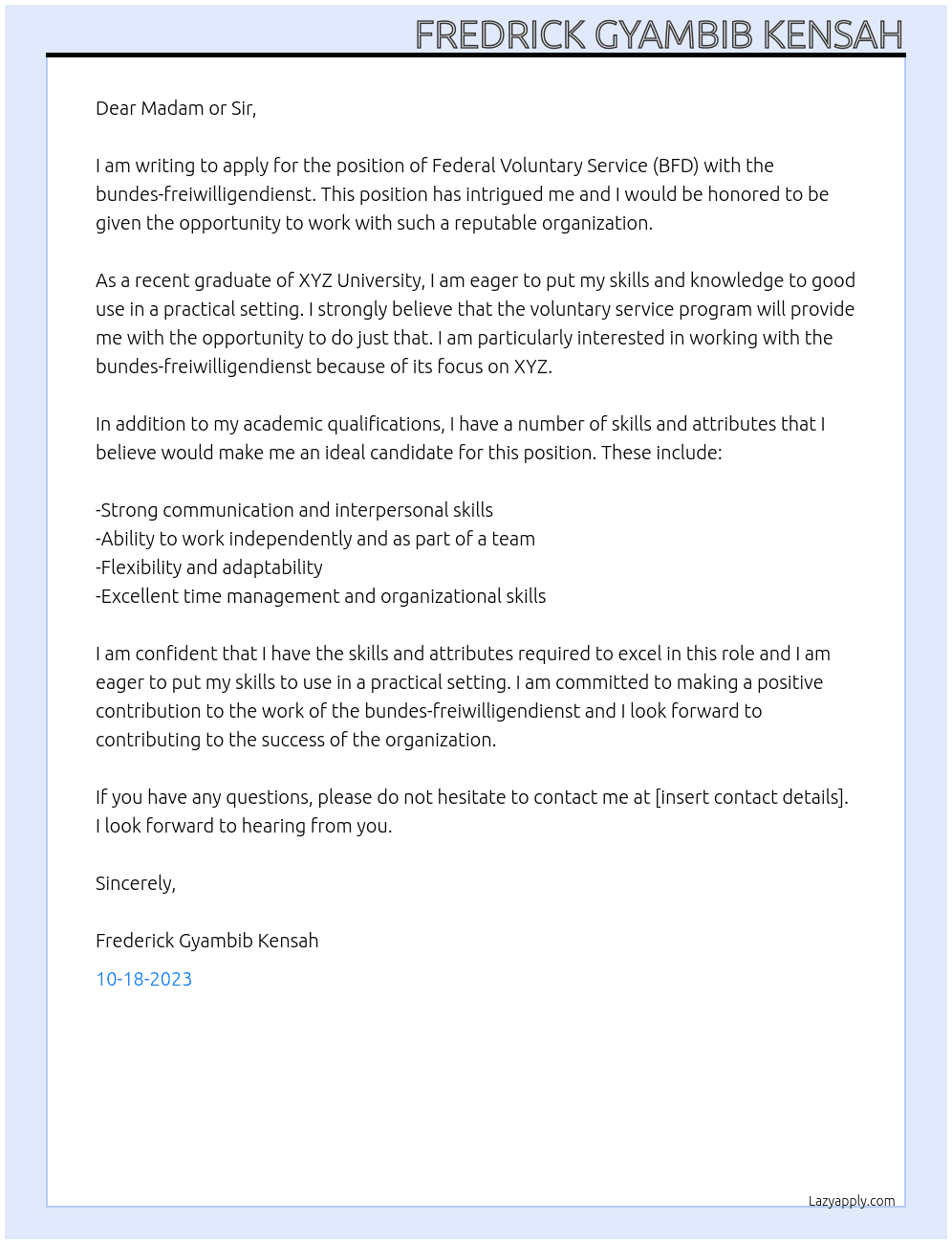 Federal Voluntary Service (BFD) At bundes-freiwilligendienst Cover Letter