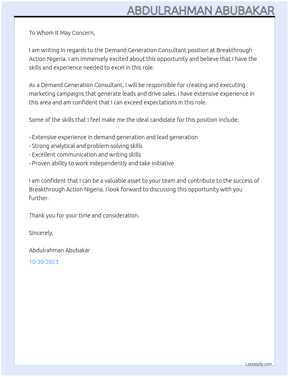 demand generation consultant At Breakthrough Action Nigeria Cover Letter