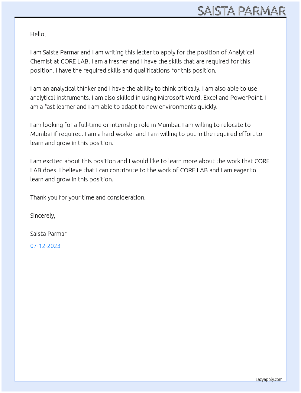 Analytical chemist- fresher At CORE LAB Cover Letter