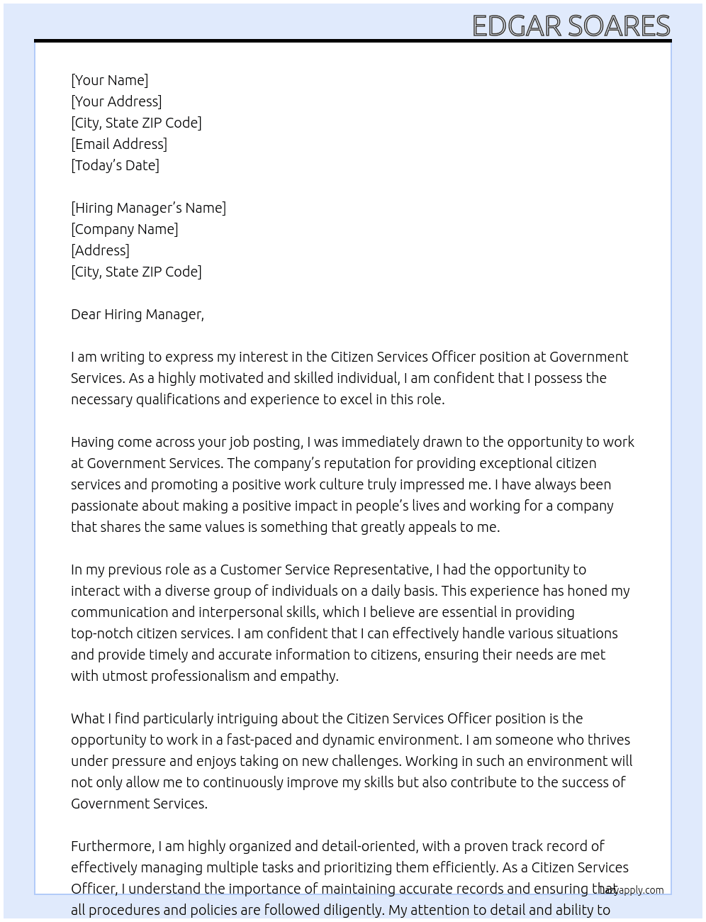 citizen services officer At Government Services Cover Letter
