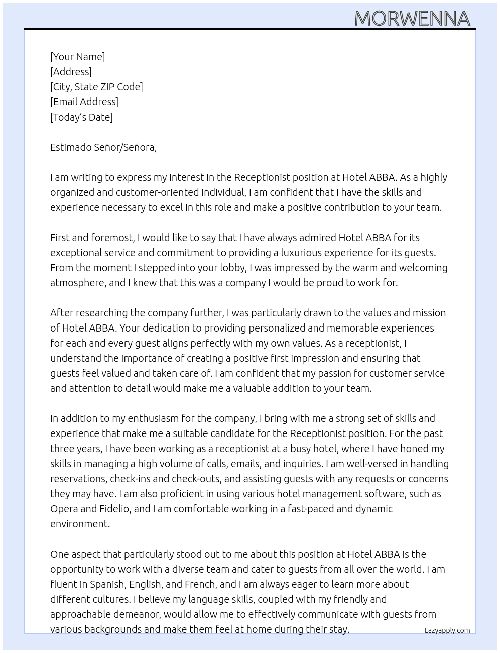 Receptionist  At Hotel ABBA Cover Letter