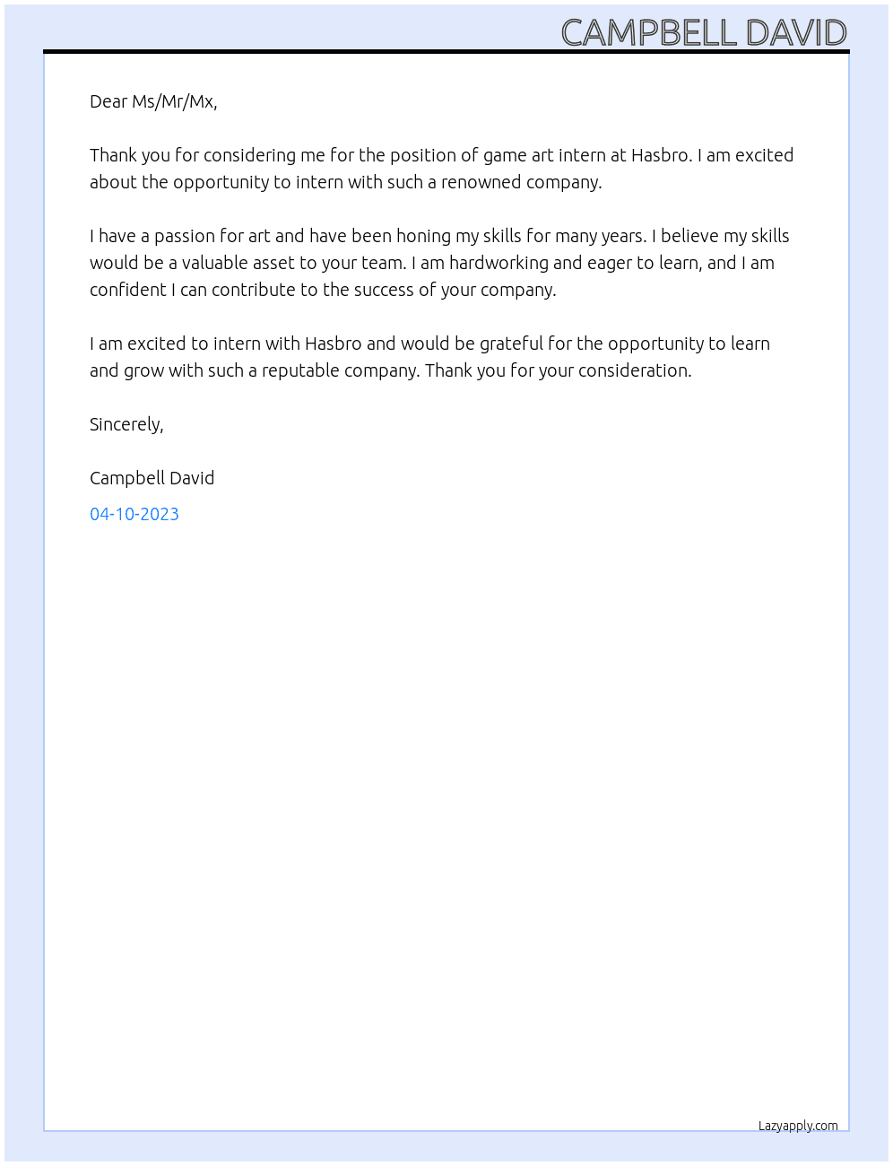 Game art intern At Hasbro Cover Letter