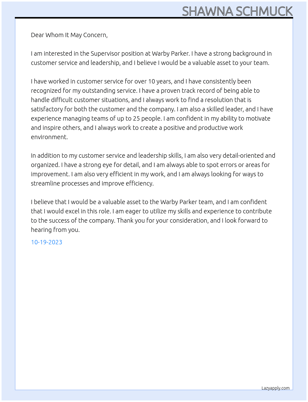 Supervisor At Warby Parker Cover Letter