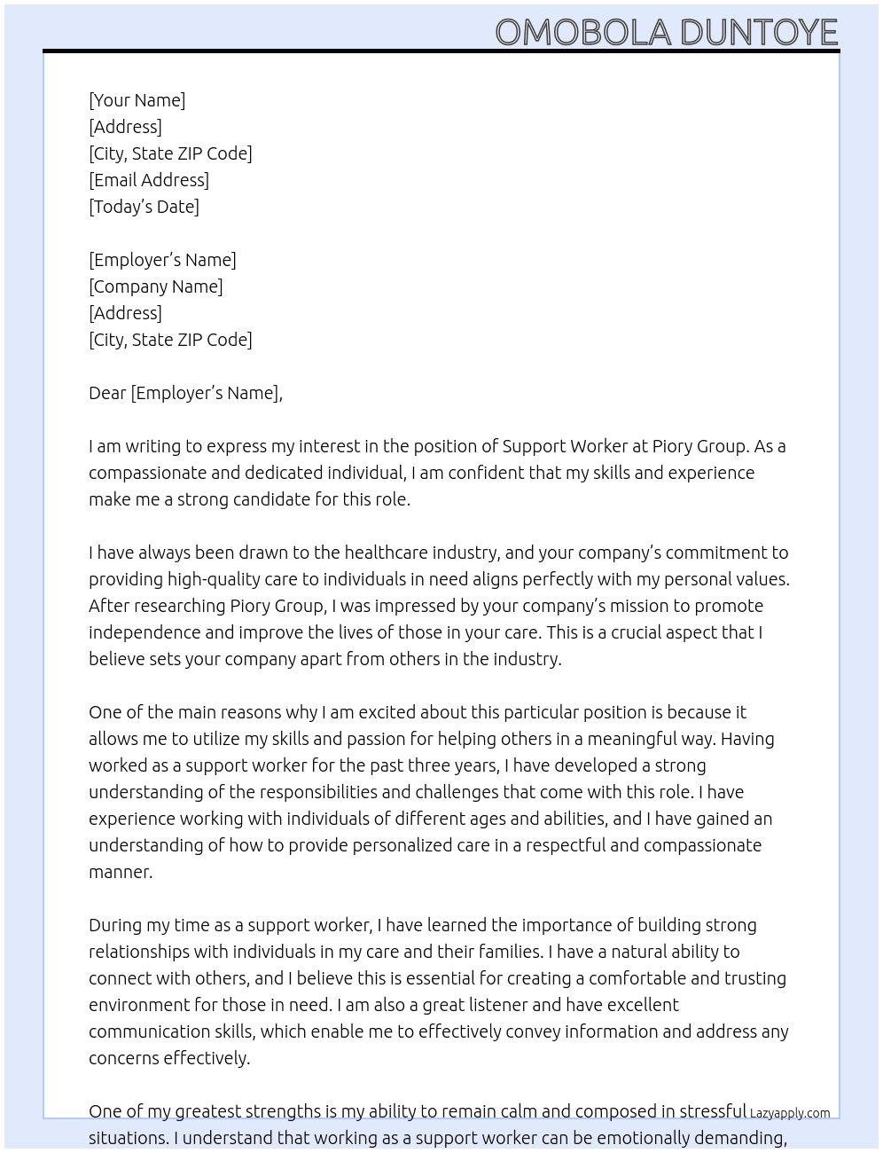 Support worker At Piory group Cover Letter