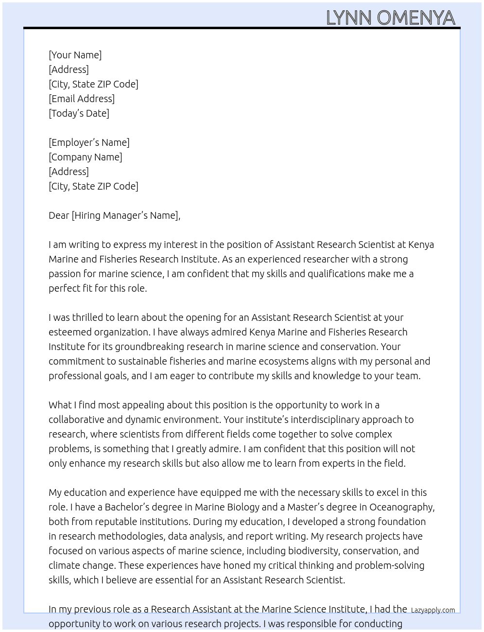 Assistant Research Scientist  At Kenya Marine and Fisheries Research Institute  Cover Letter