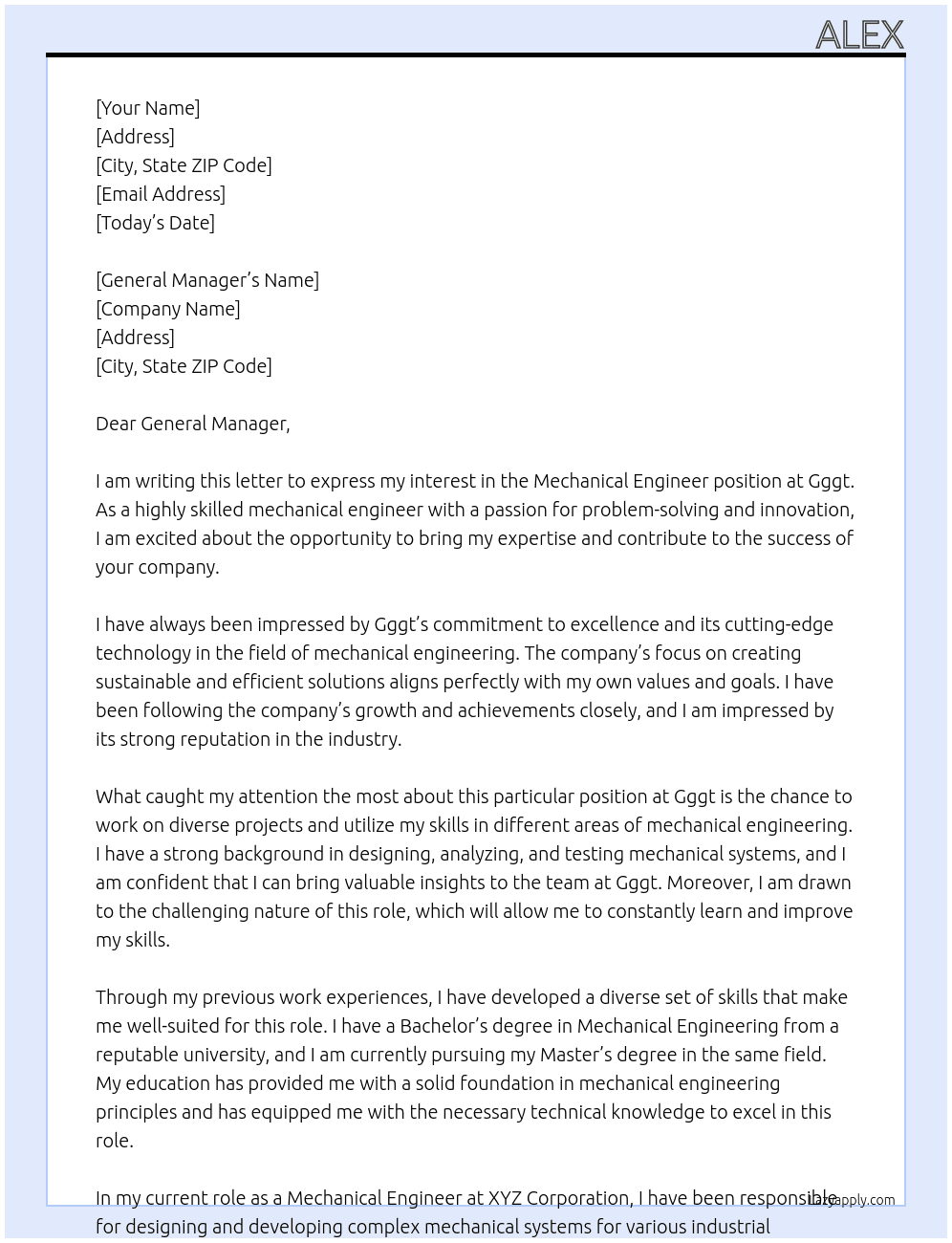 Mechanical engineer At Gggt  Cover Letter
