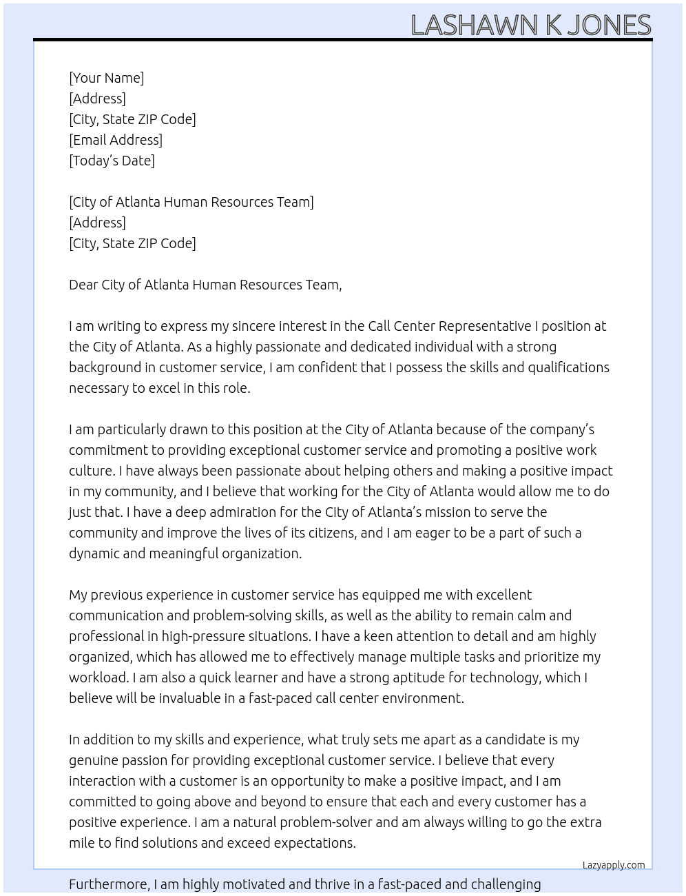 Call Center Representative I At City of Atlanta Cover Letter