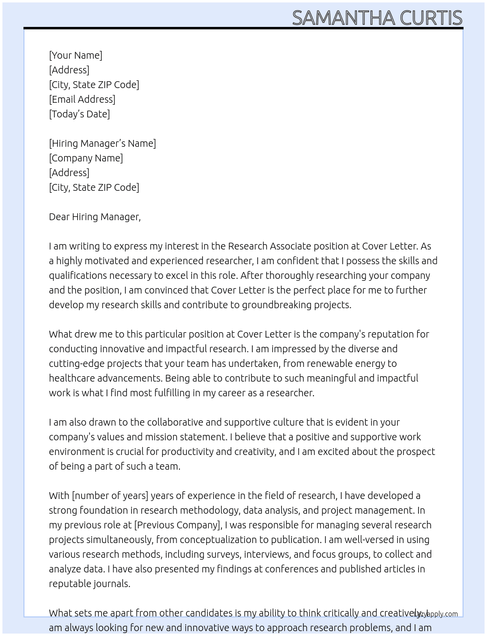 Research Associate At Cover Letter Cover Letter