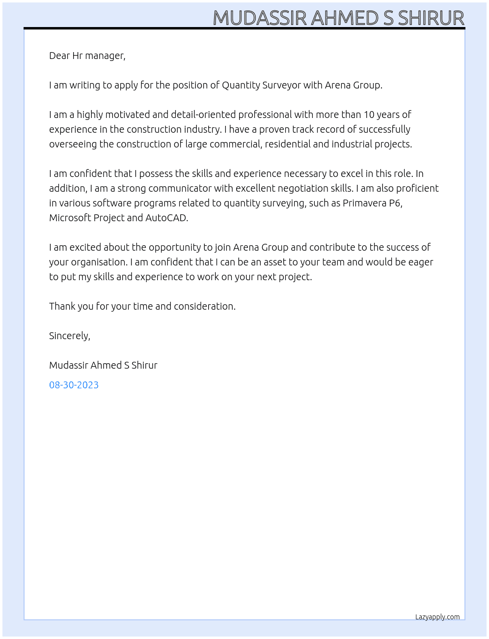 Quantity Surveyor  At Arena Group  Cover Letter
