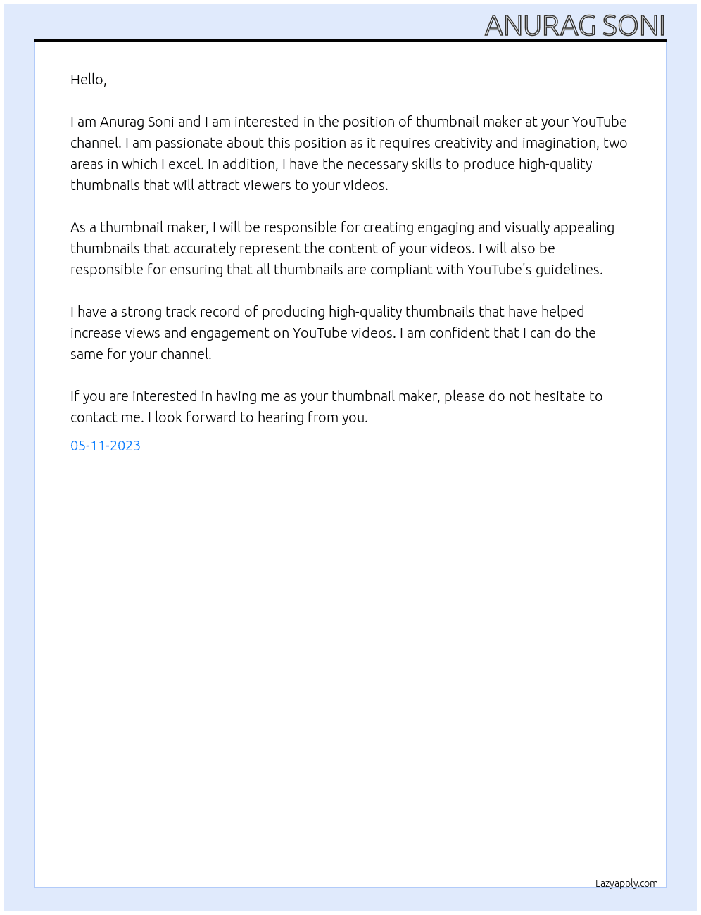 Thumbnail maker  At YouTube channel Cover Letter