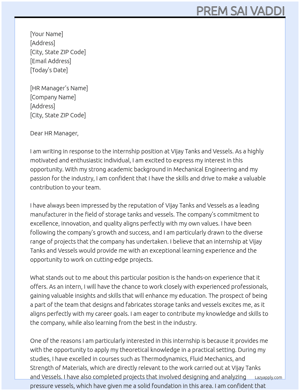 Intern At Vijay tanks and vessels  Cover Letter