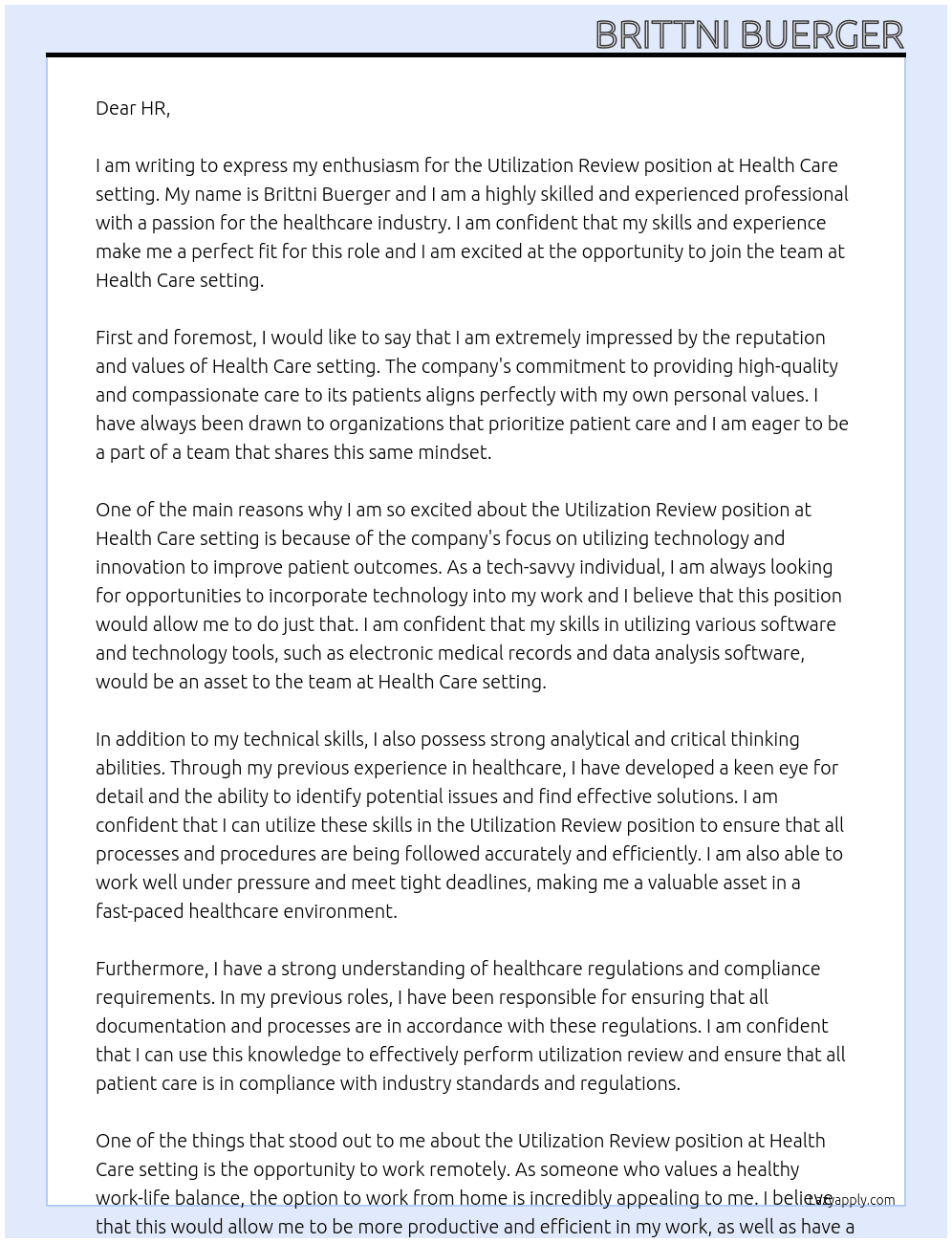 Utilization Review  At Health Care setting Cover Letter