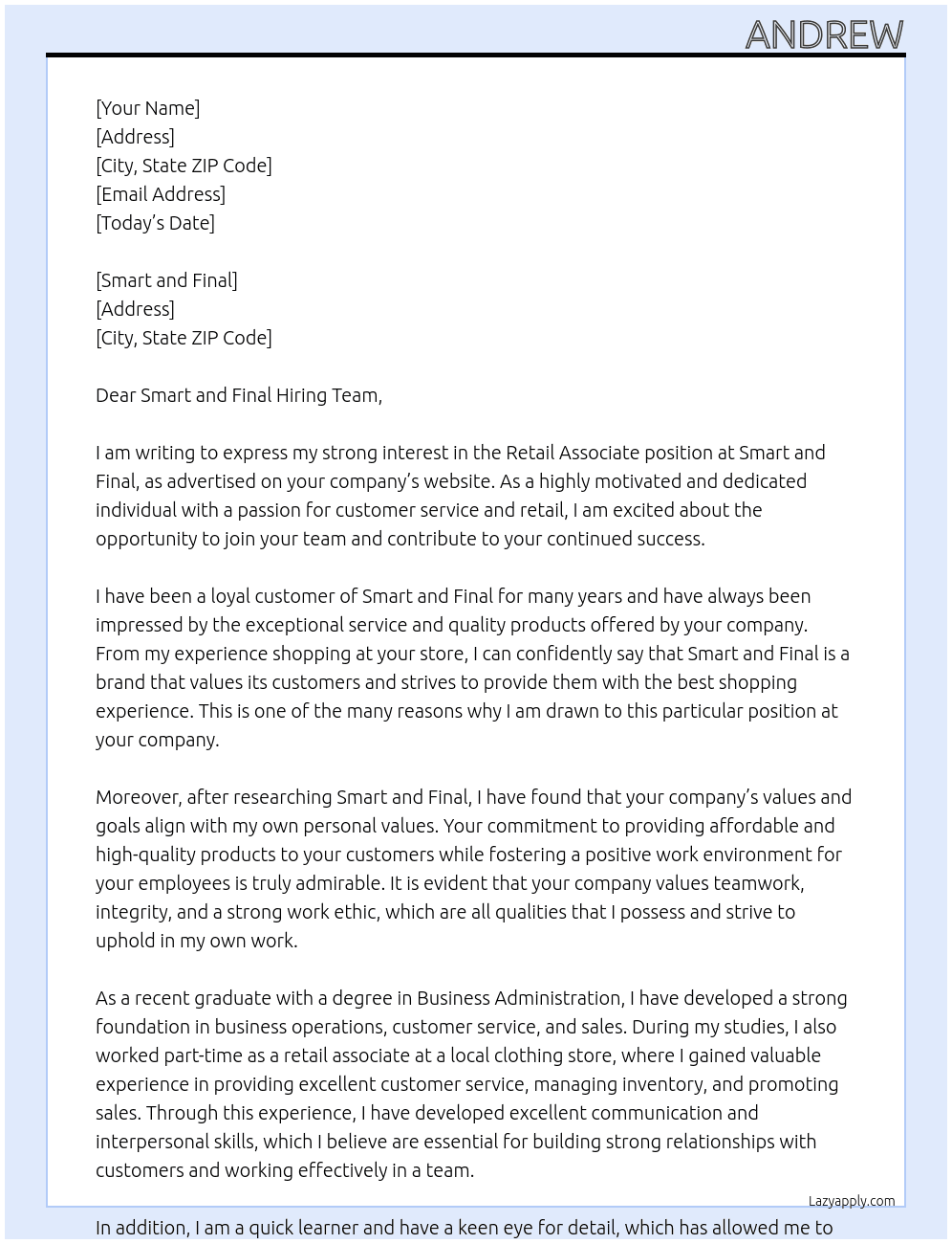 Retail Associate At Smart and final Cover Letter