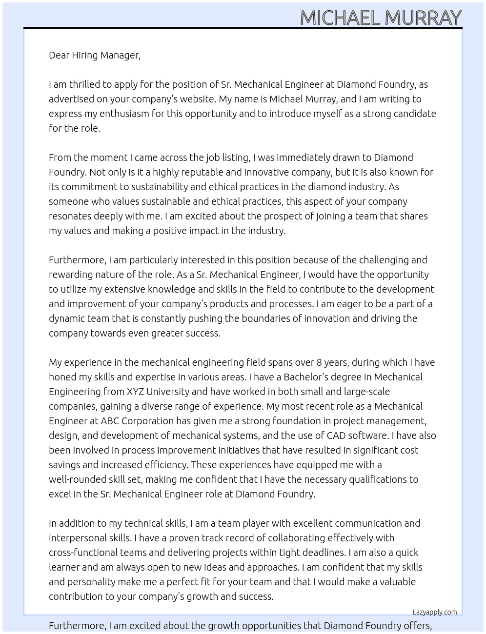 Sr. Mechanical Engineer At Diamound Foundry Cover Letter