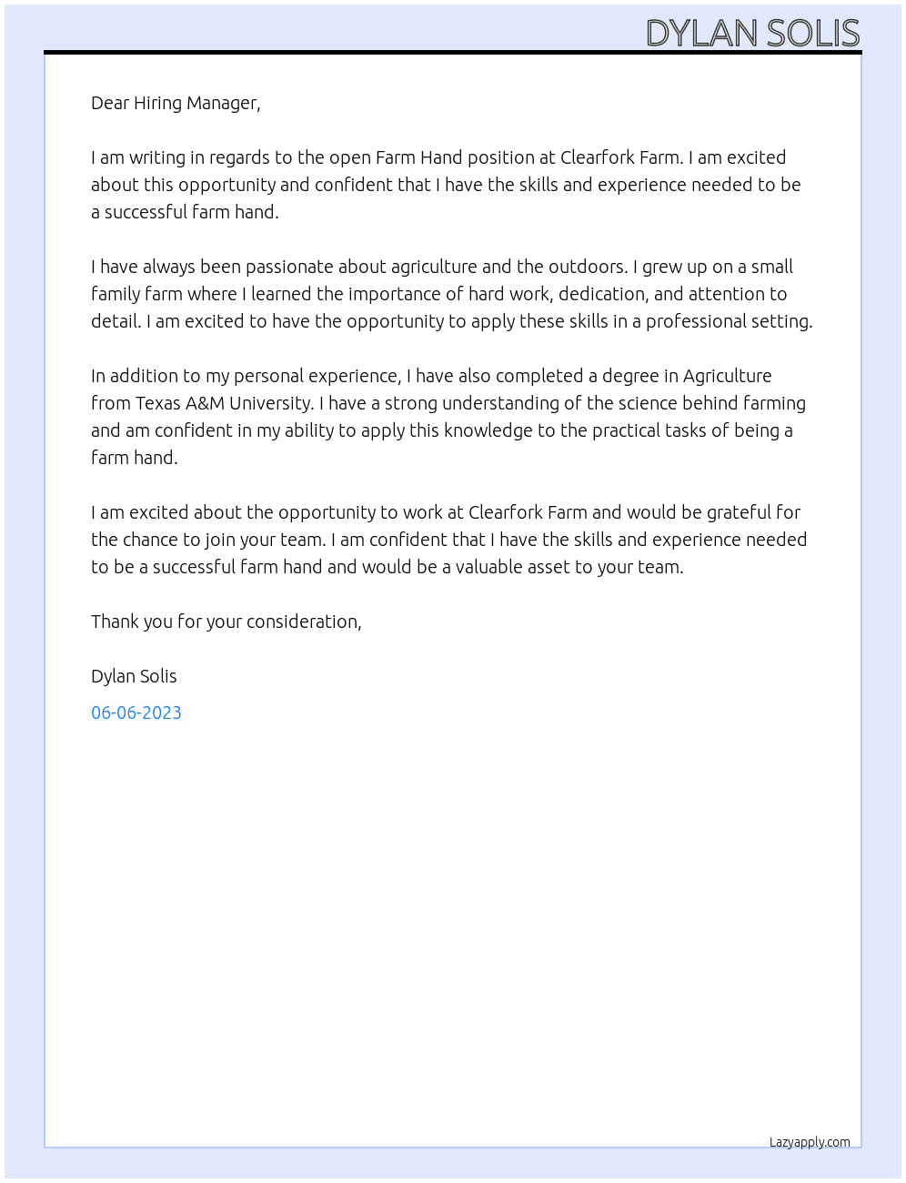 Farm Hand At Clearfork Farm Cover Letter