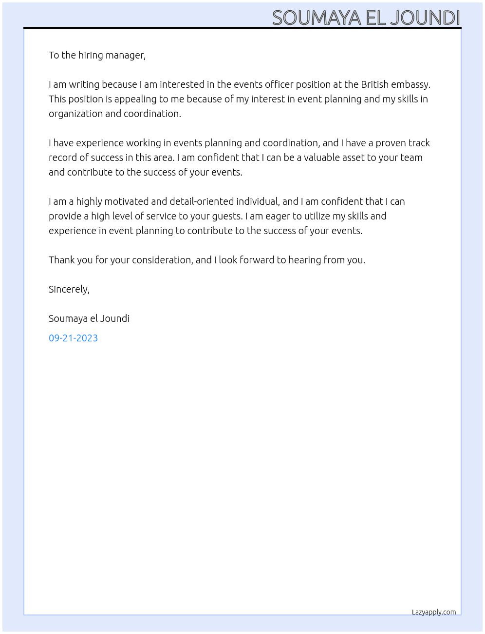 events officer At british embassy Cover Letter