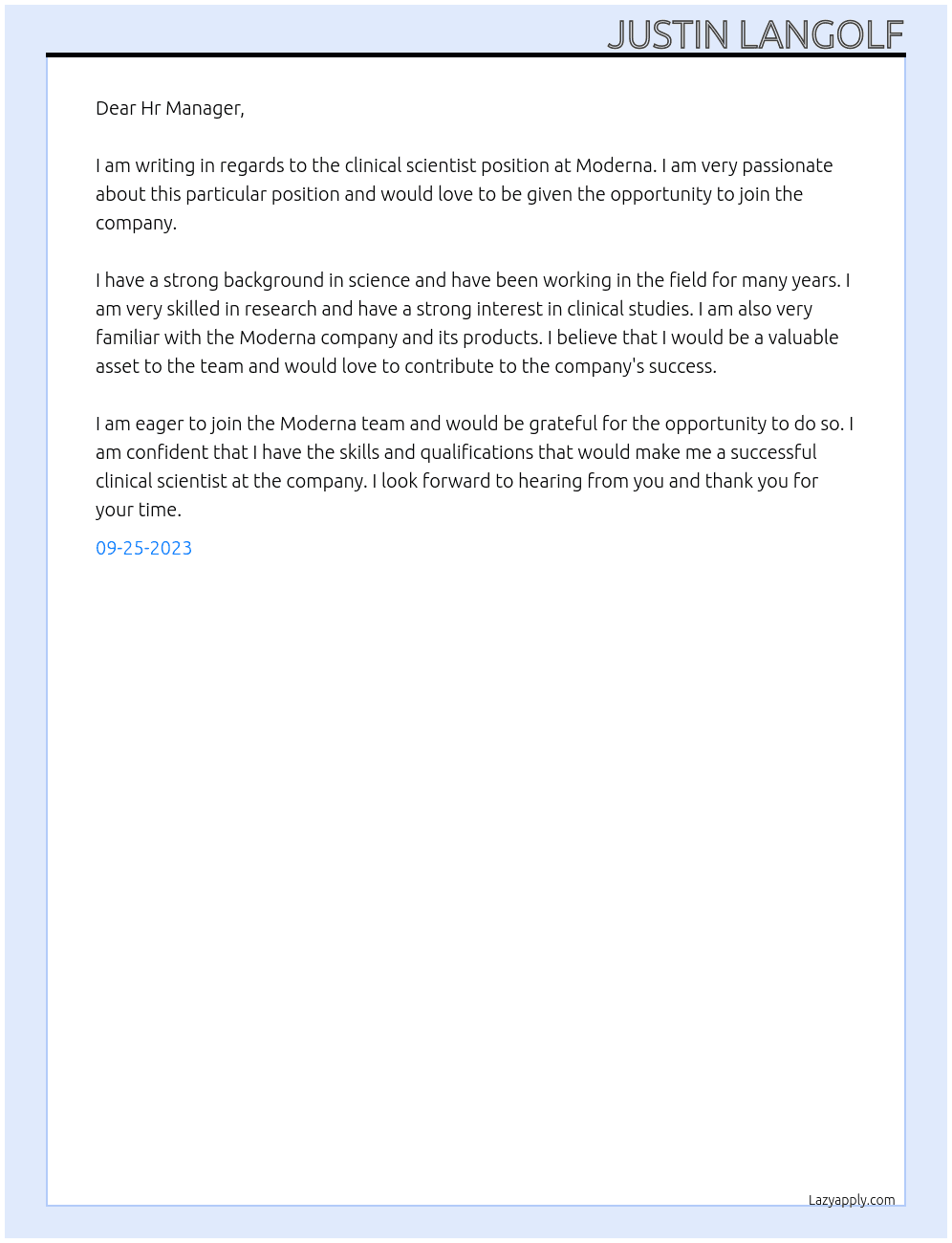 Clinical scientist At Moderna Cover Letter