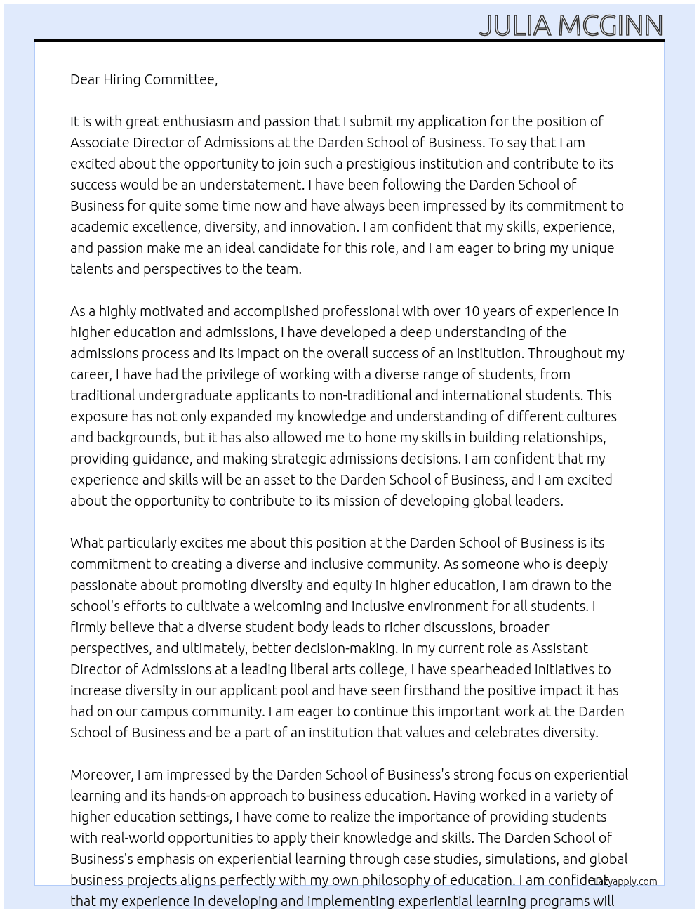 Associate Director of Admissions At Darden School of Business Cover Letter
