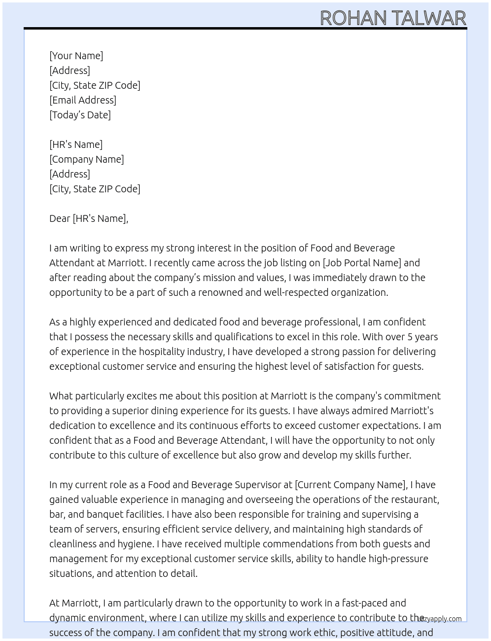 Food and beverage attendant  At Marriott Cover Letter