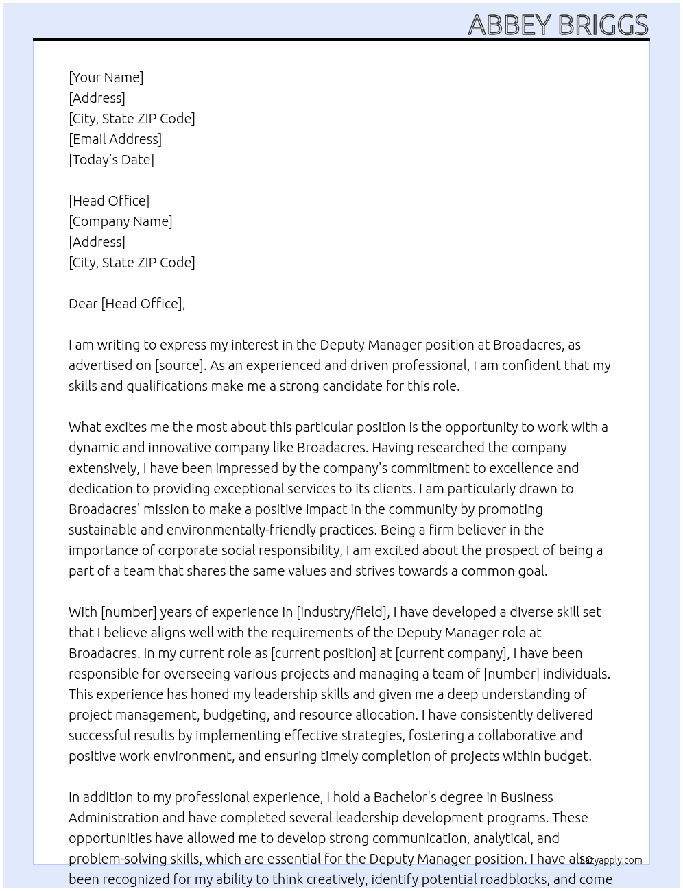 Deputy manager  At Broadacres  Cover Letter