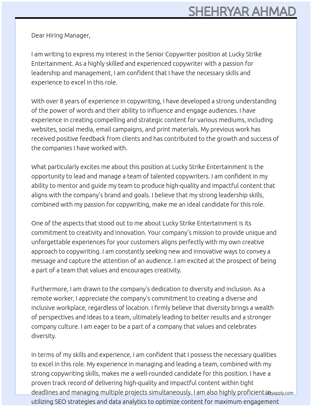 Senior Copywriter At Lucky Strike Entertainment Cover Letter
