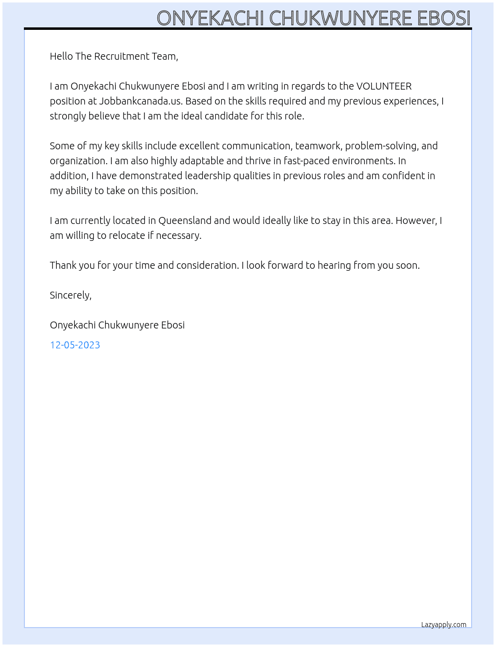 VOLUNTEER At Jobbankcanada.us Cover Letter