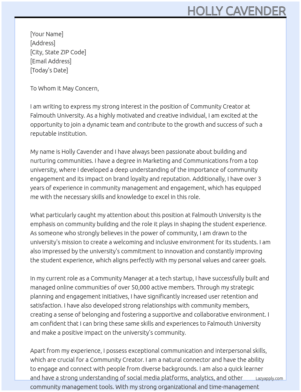Community Creator At Falmouth University Cover Letter