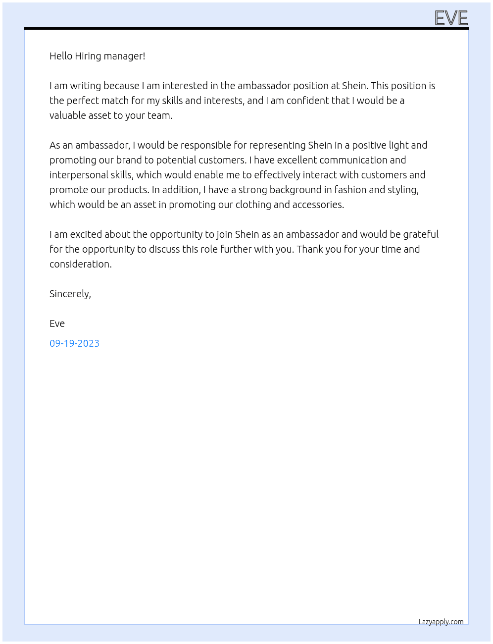 Ambassador  At Shein Cover Letter