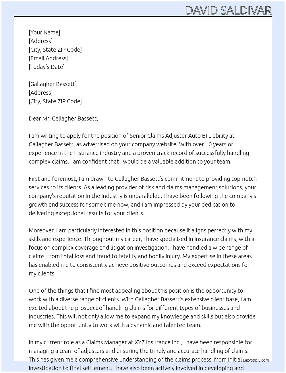 Cover letter for senior claims adjuster auto bi liability - LazyApply