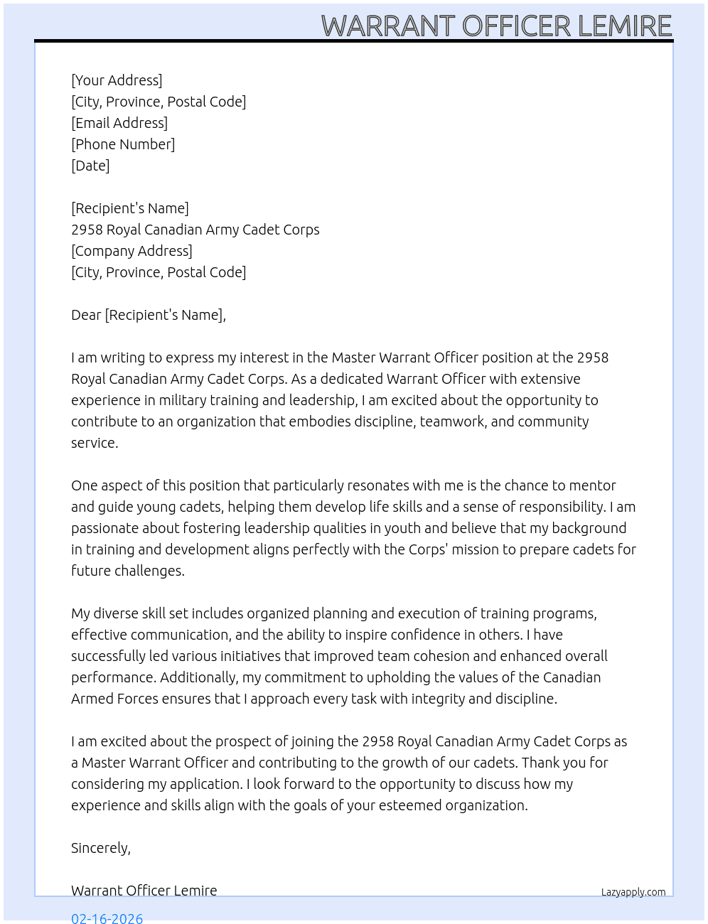 Master Warrant officer At 2958 Royal Canadian Army Cadet Corps Cover Letter