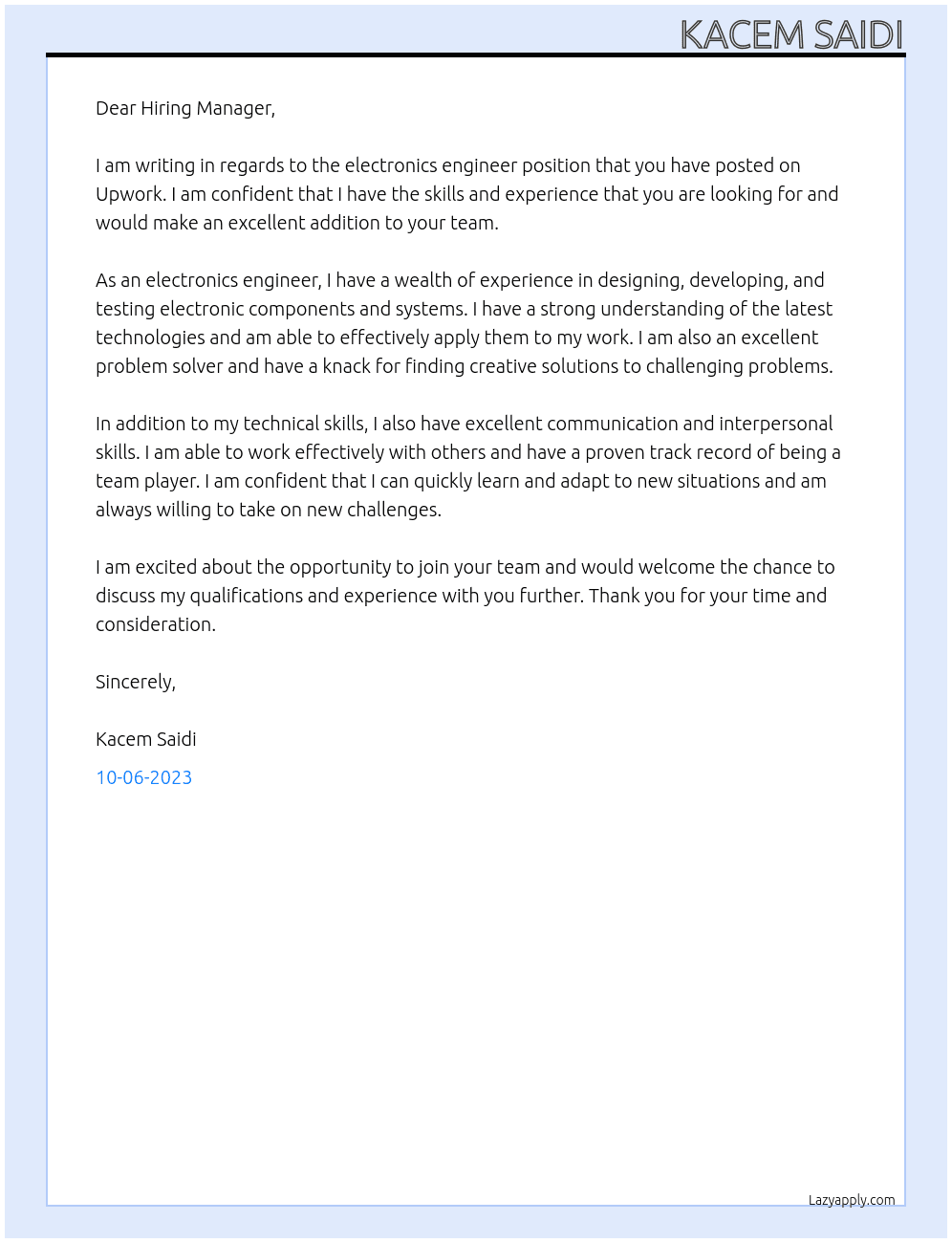 electronics engineer At upwork Cover Letter