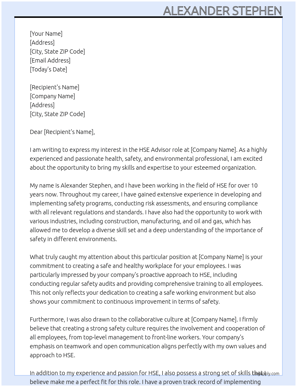 HSE Advisor At [INSERT NAME] Cover Letter