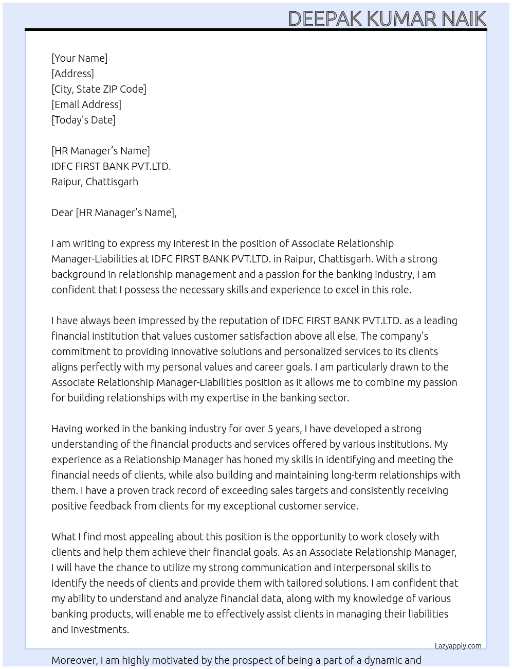 Associate relationship manager-liabilities At IDFC FIRST BANK PVT.LTD.-RAIPUR,CHATTISGARH Cover Letter
