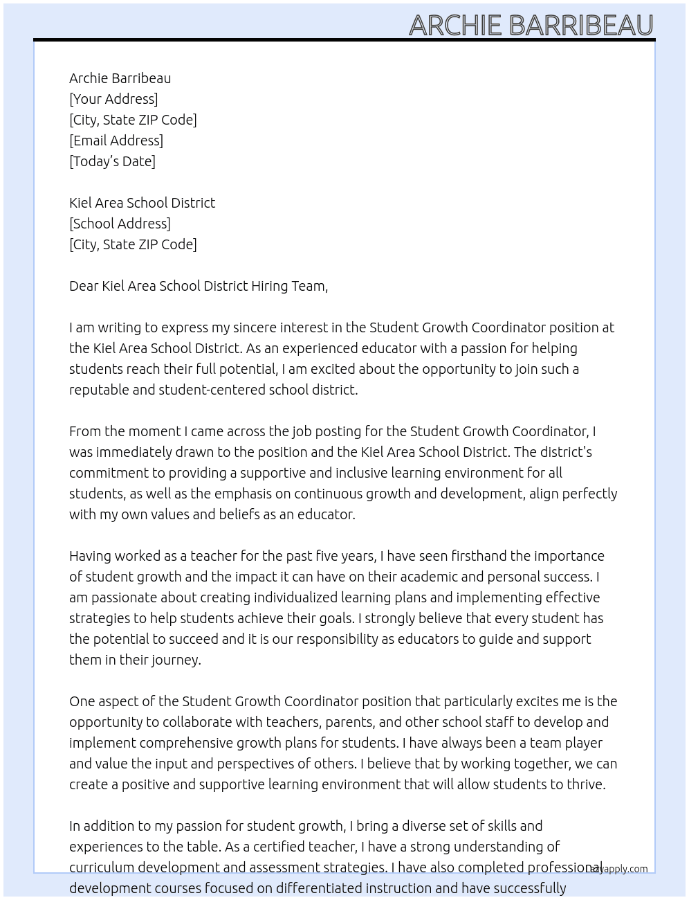 Student Growth Coordinator At Kiel Area School District Cover Letter