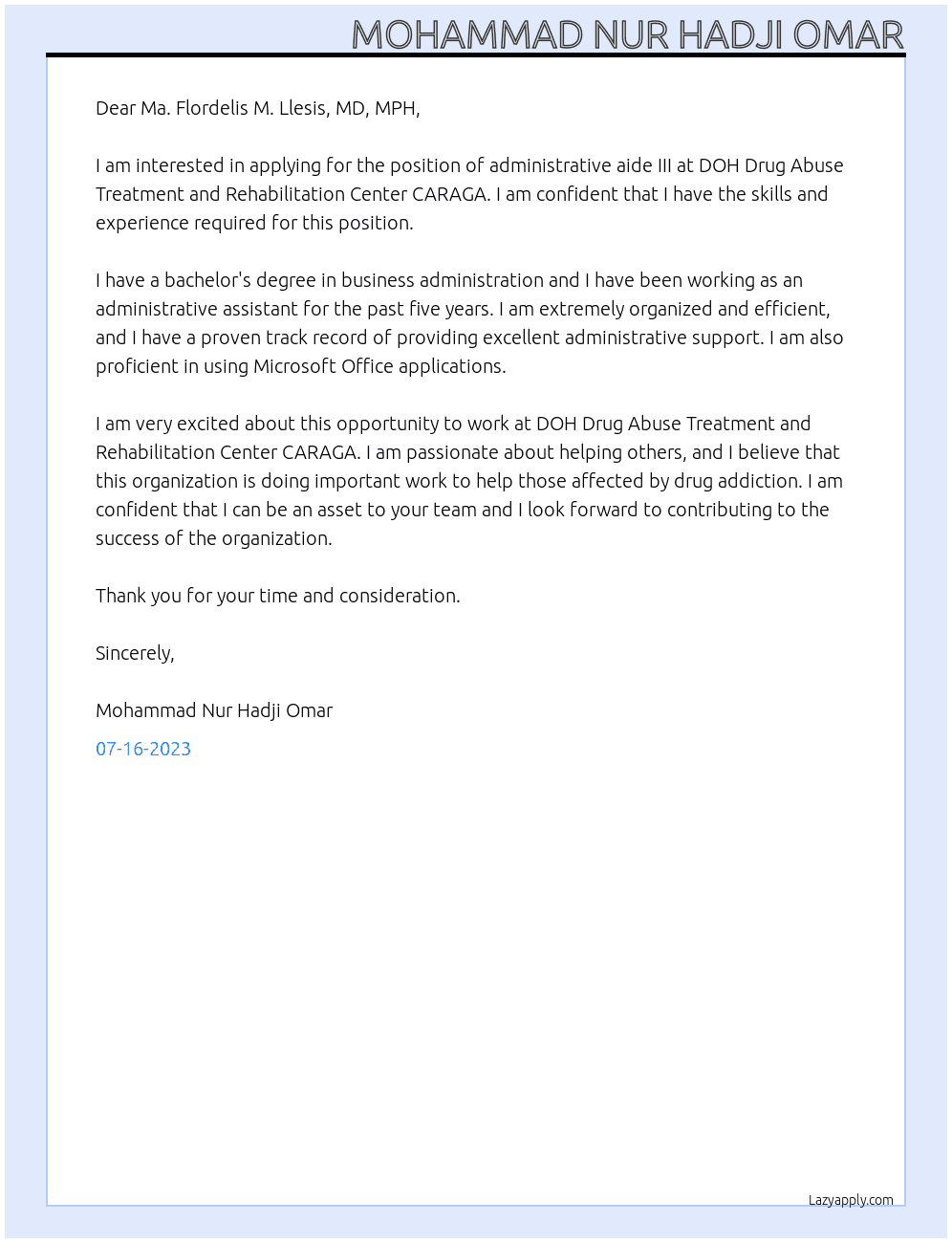 administrative aide III At DOH Drug Abuse Treatment and Rehabilitation Center CARAGA Cover Letter