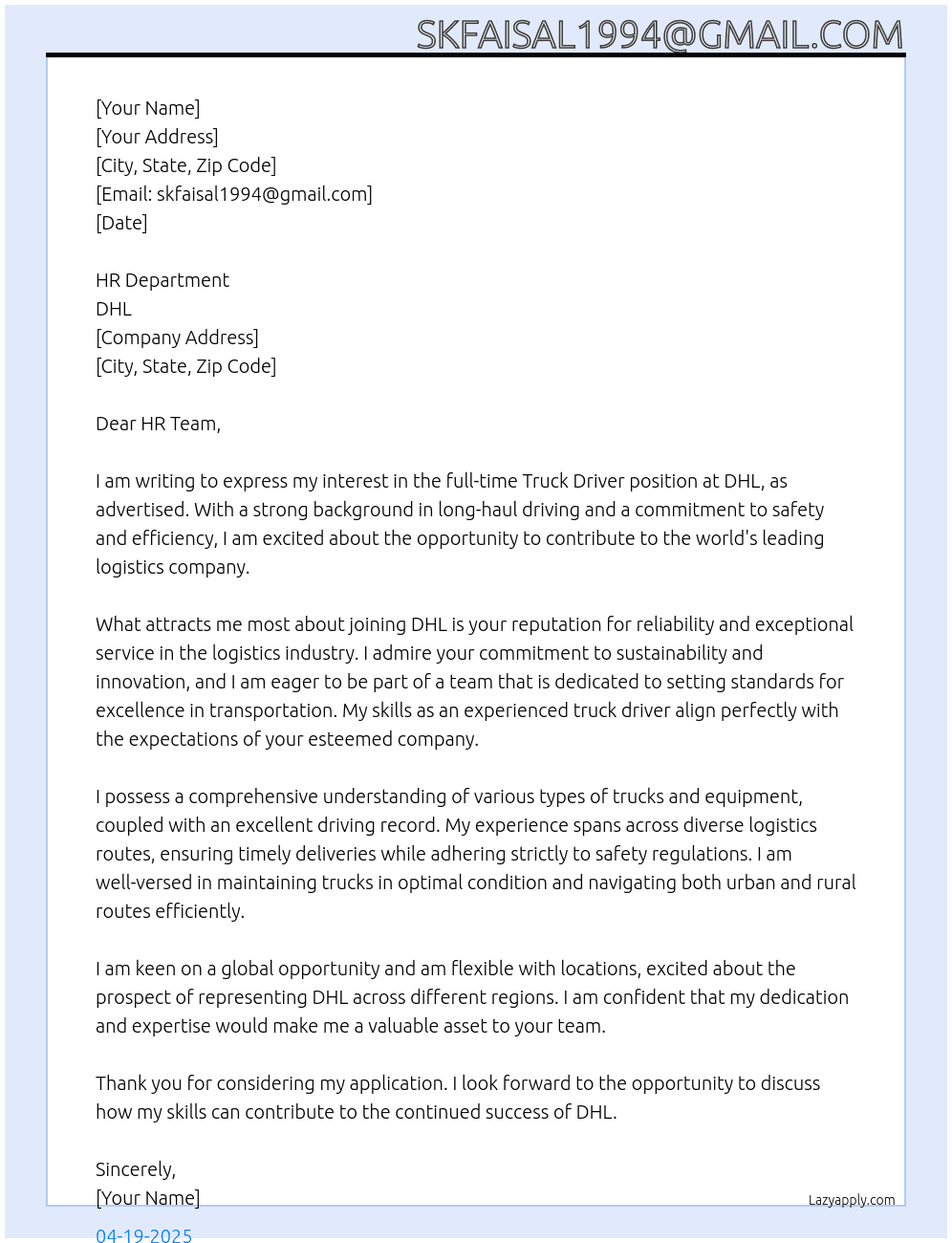 Truck driver At Dhl Cover Letter