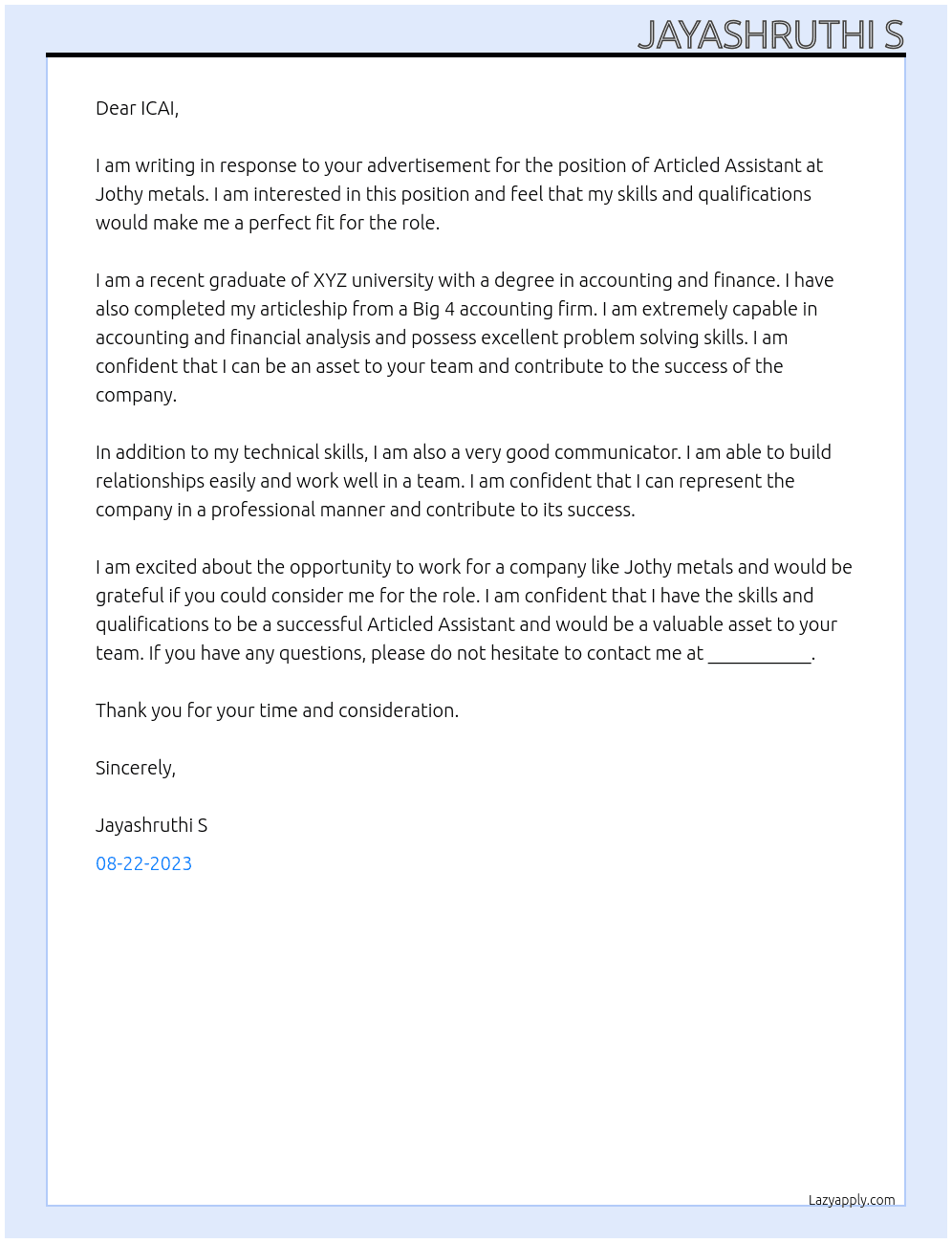 Articled Assistant At Jothy metals Cover Letter