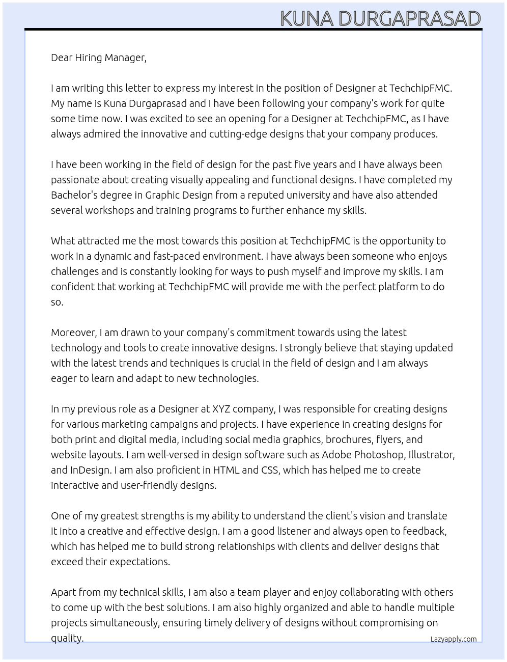 Designer  At TechchipFMC Cover Letter