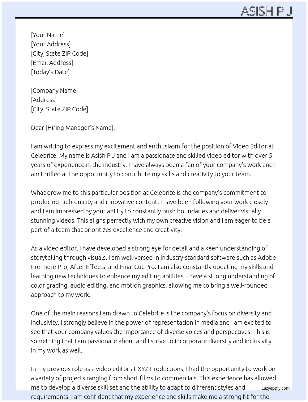 Video editir At CELEBRITE  Cover Letter