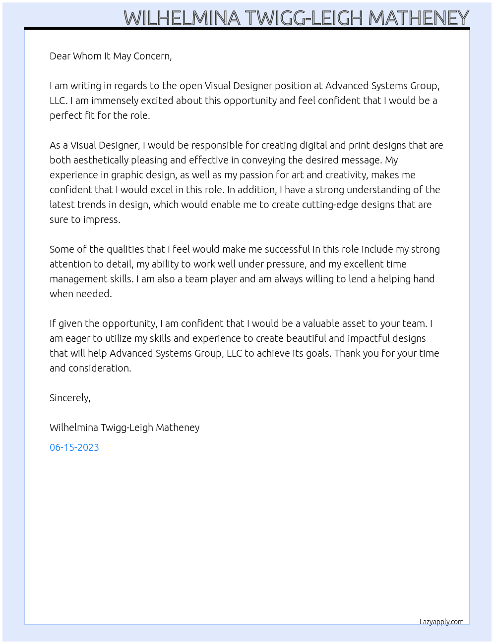 Visual Designer At Advanced Systems Group, LLC Cover Letter