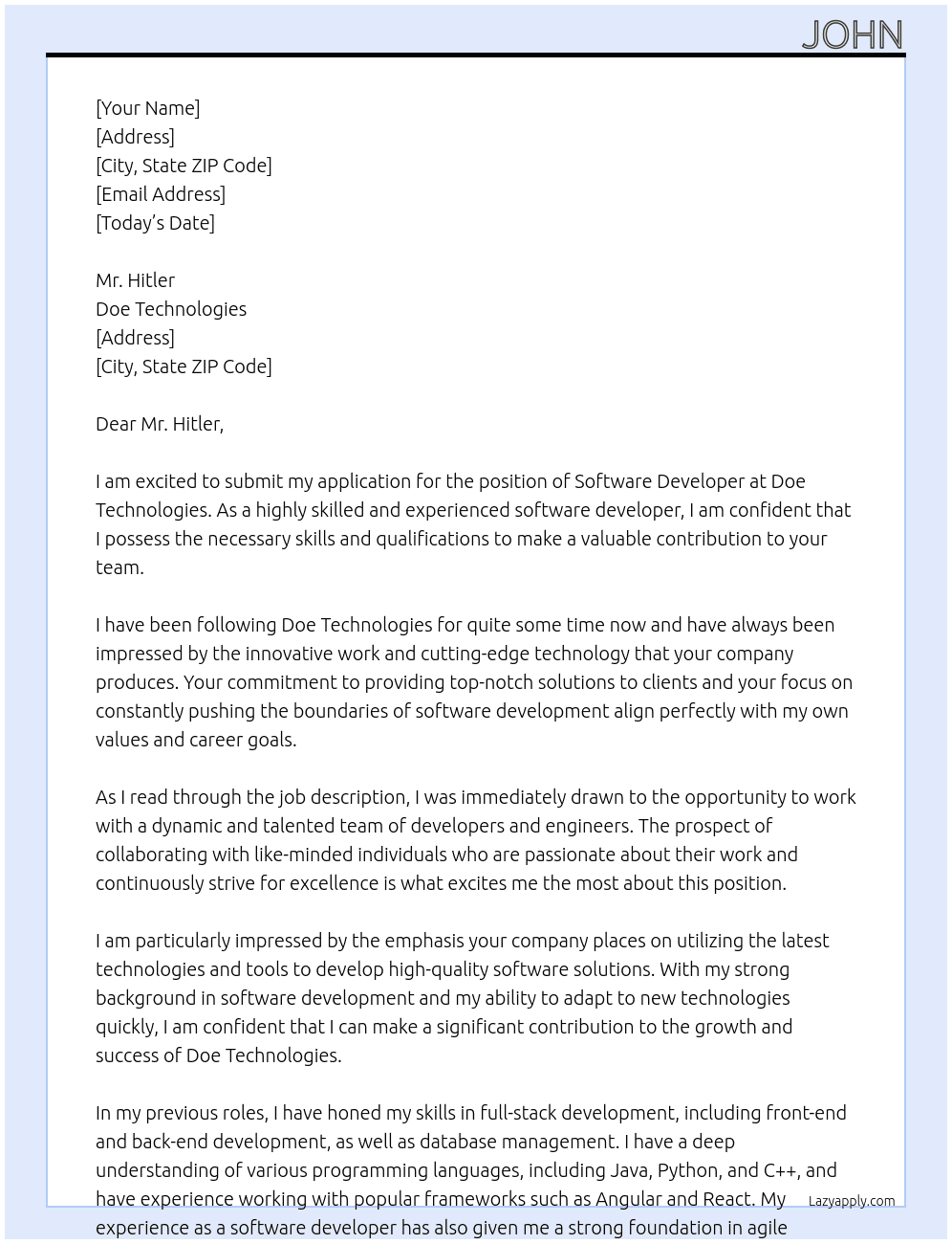 Software develper At Doe Cover Letter