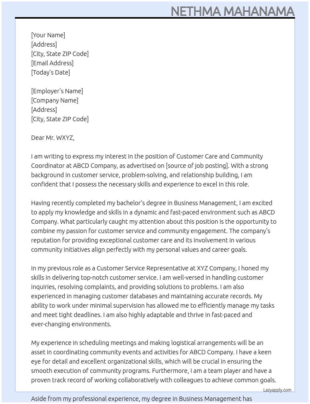 customer care and community coordinator  At ABCD Company Cover Letter