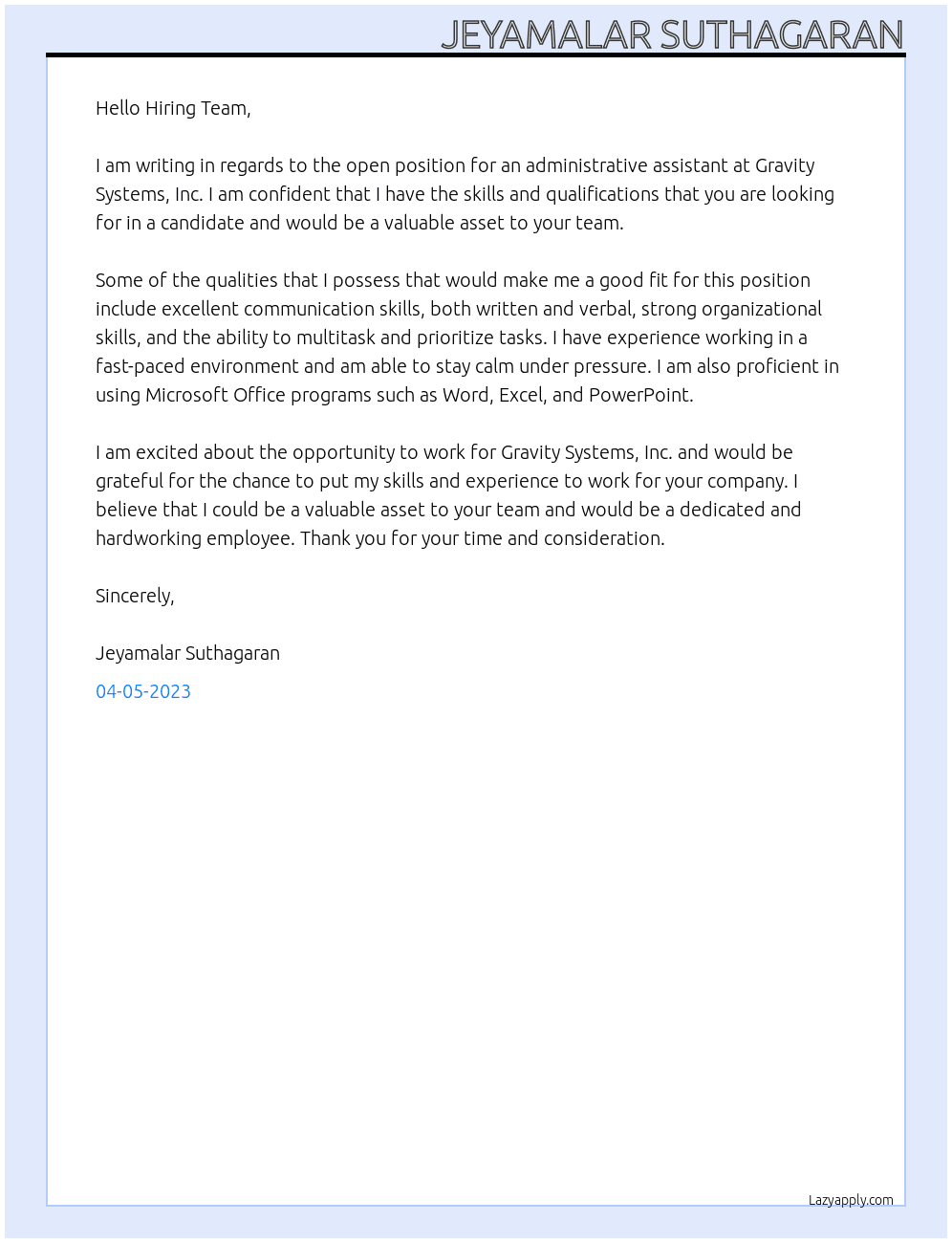 administrative assistant At Gravity Systems,Inc Cover Letter