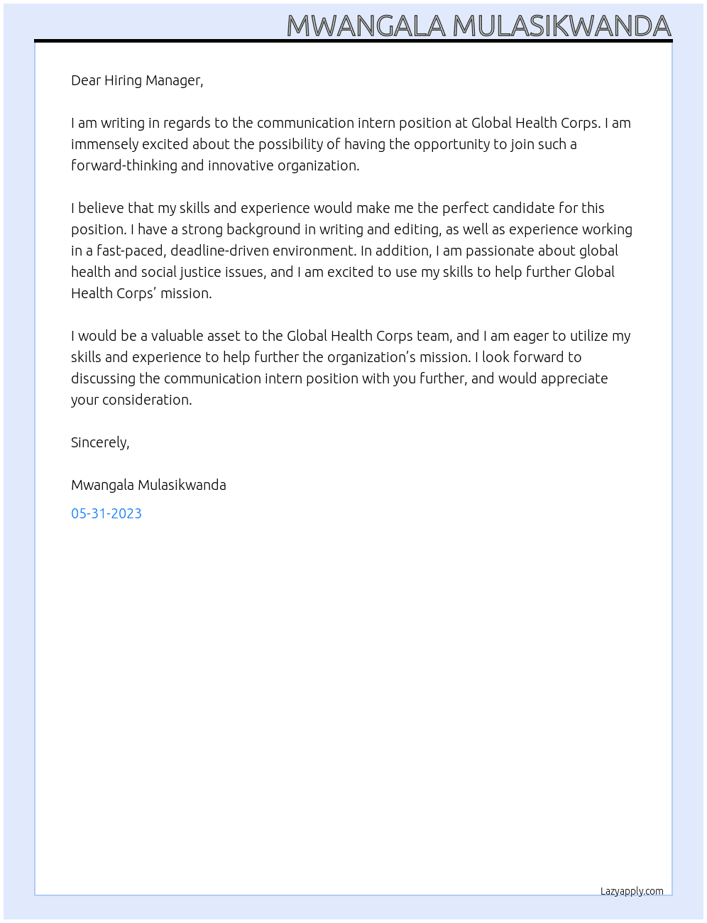 communication intern  At Global Health Corps Cover Letter