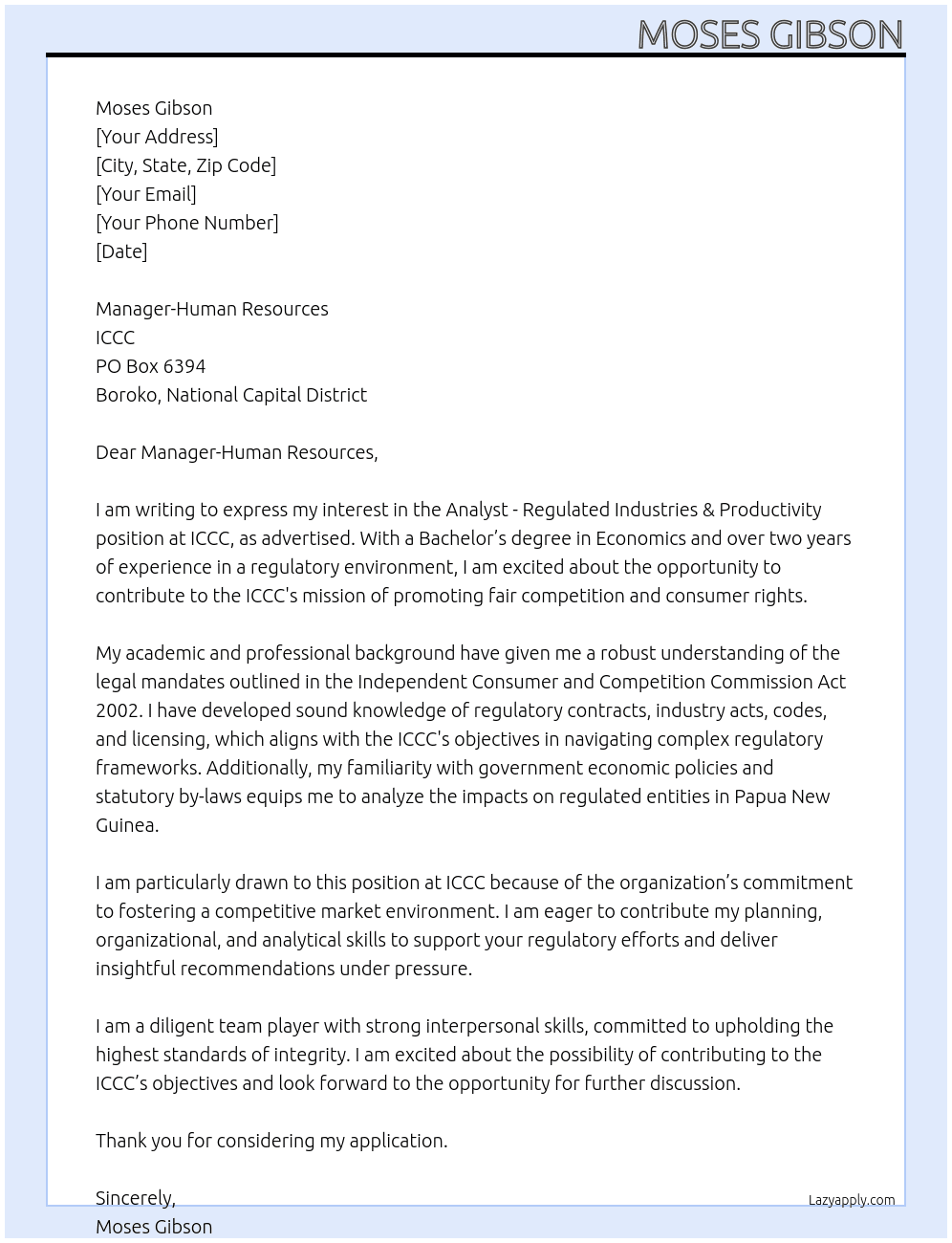 Analyst - Regulated Industries & Productivity At ICCC Cover Letter