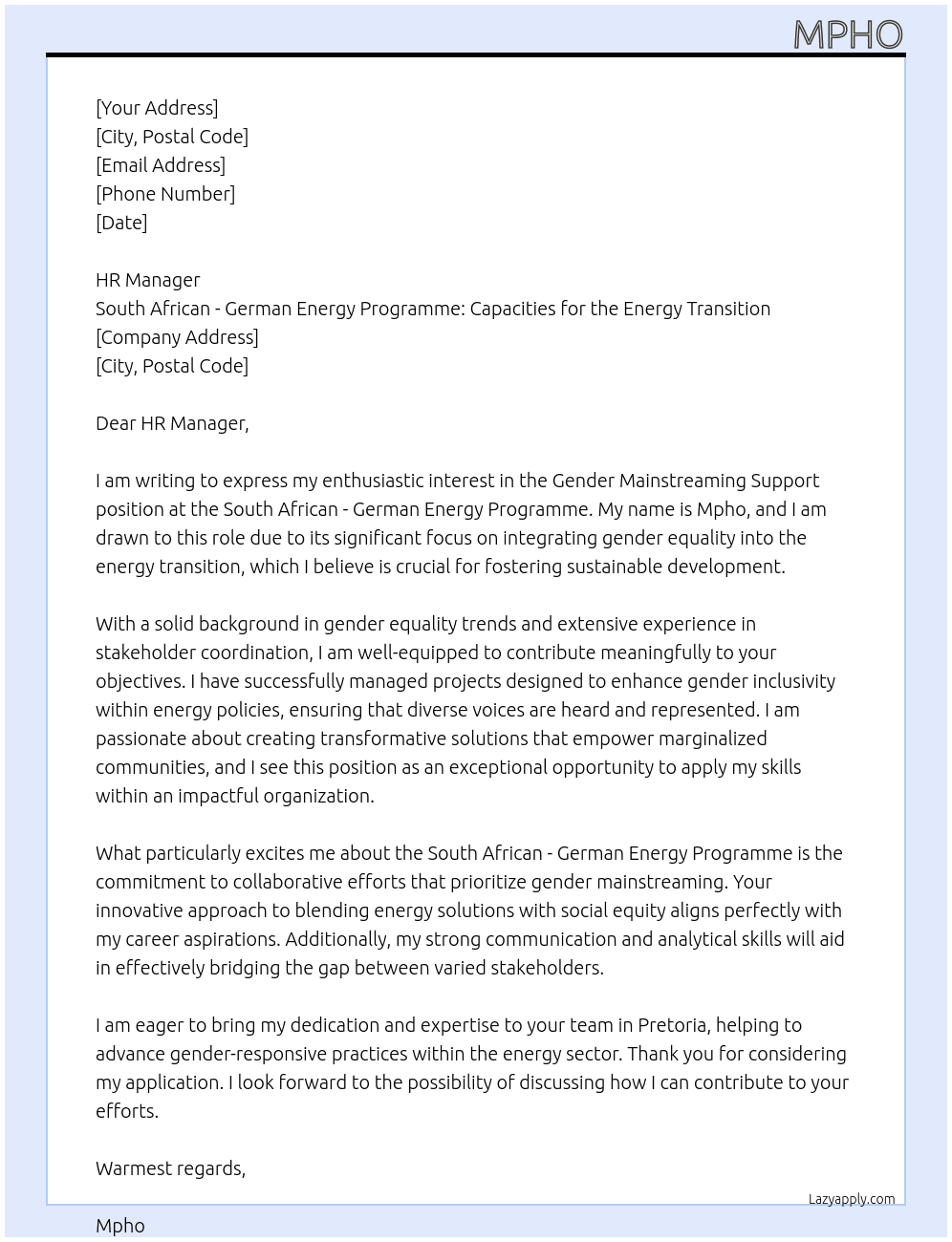 Gender mainstreaming support  At South African - German Energy Programme: Capacities for the Energy Transition  Cover Letter