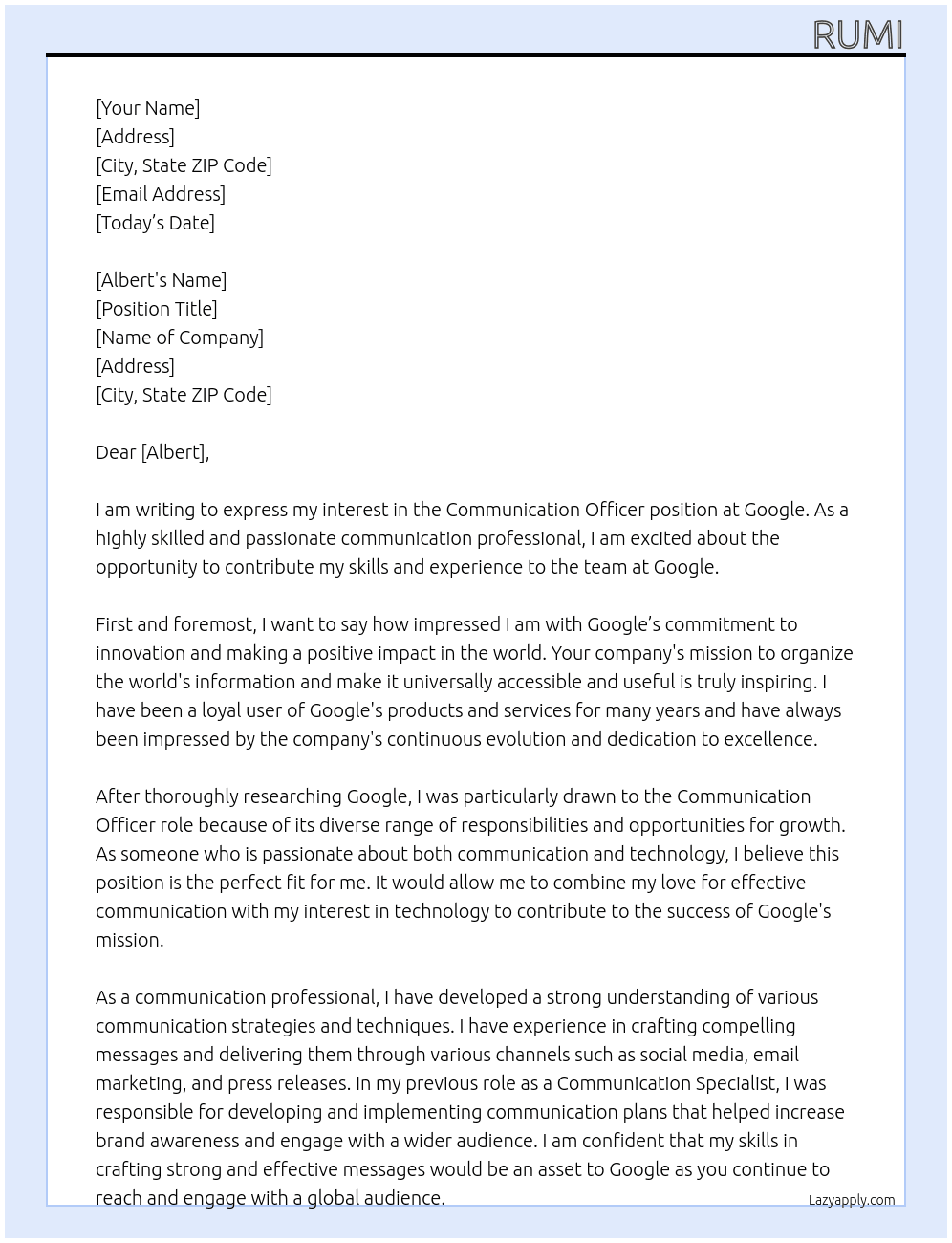 communication officer At google Cover Letter
