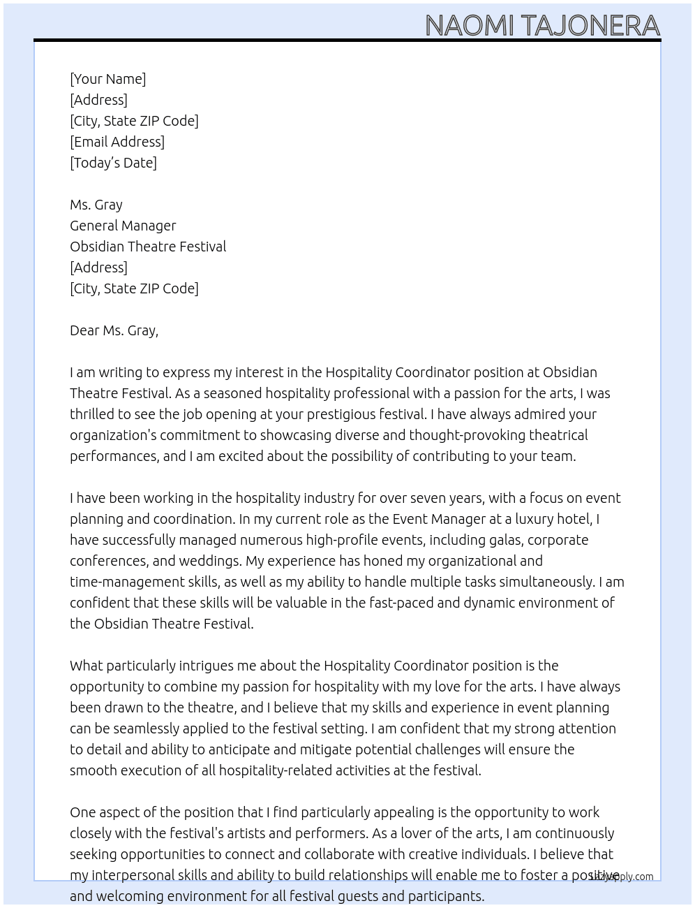 HOSPITALITY COORDINATOR At Obsidian Theatre Festival Cover Letter