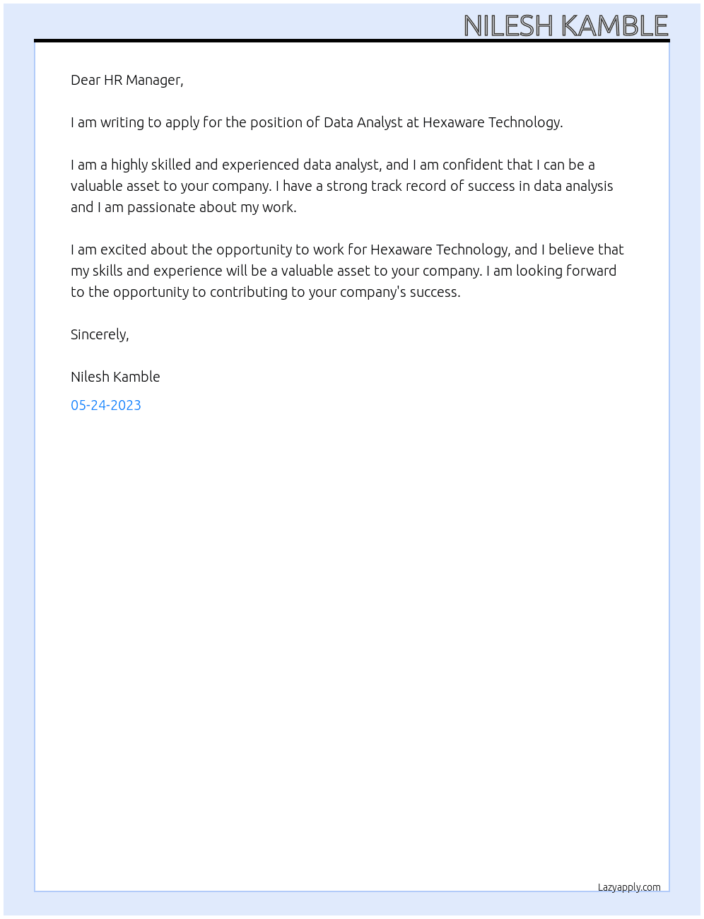 Data Analyst  At Hexaware Technology  Cover Letter